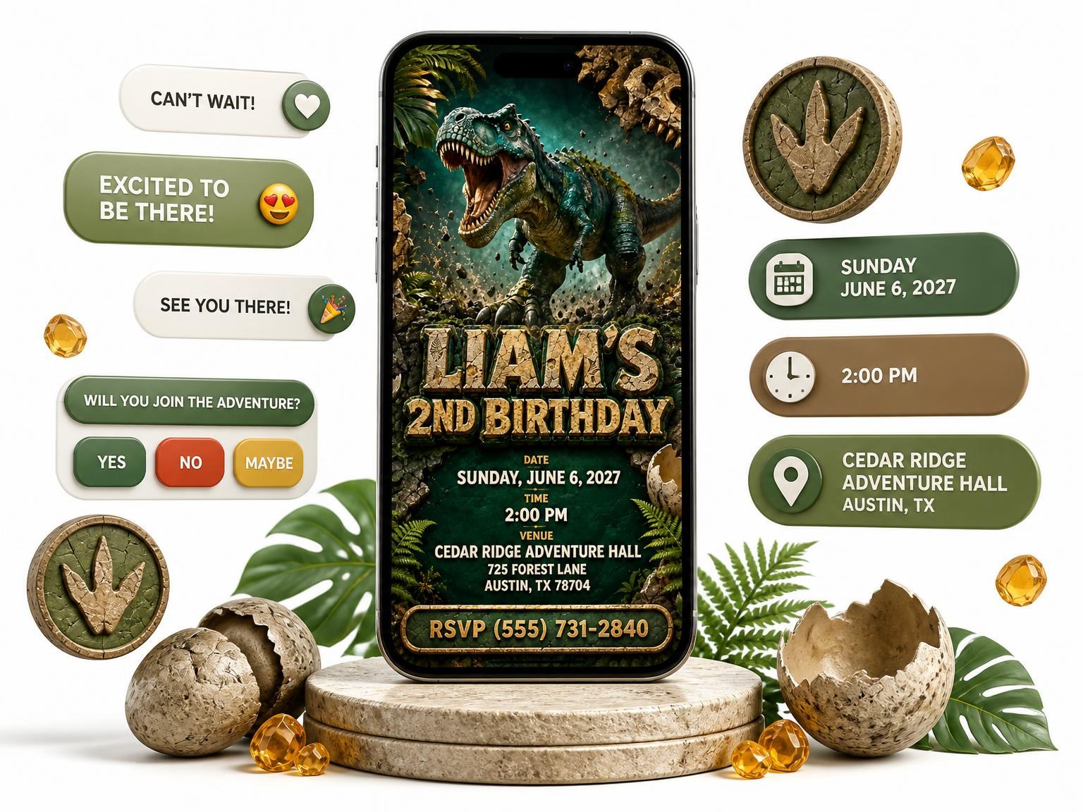 The 3D Stone Jurassic Dinosaur 2nd Birthday invitation on a phone, with guest RSVPs arriving around it