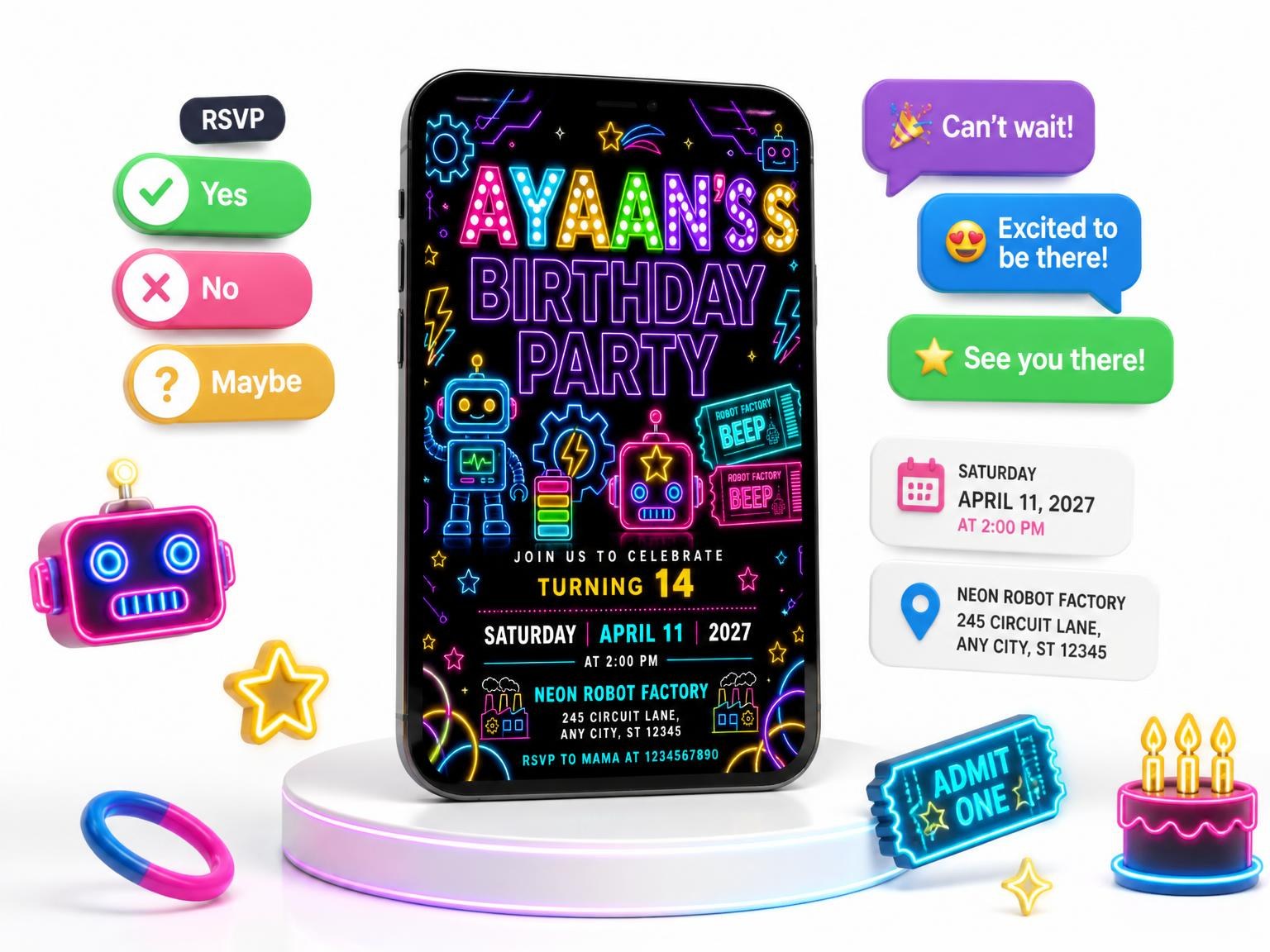 The Neon Robots 14th Birthday Invitation invitation on a phone, with guest RSVPs arriving around it