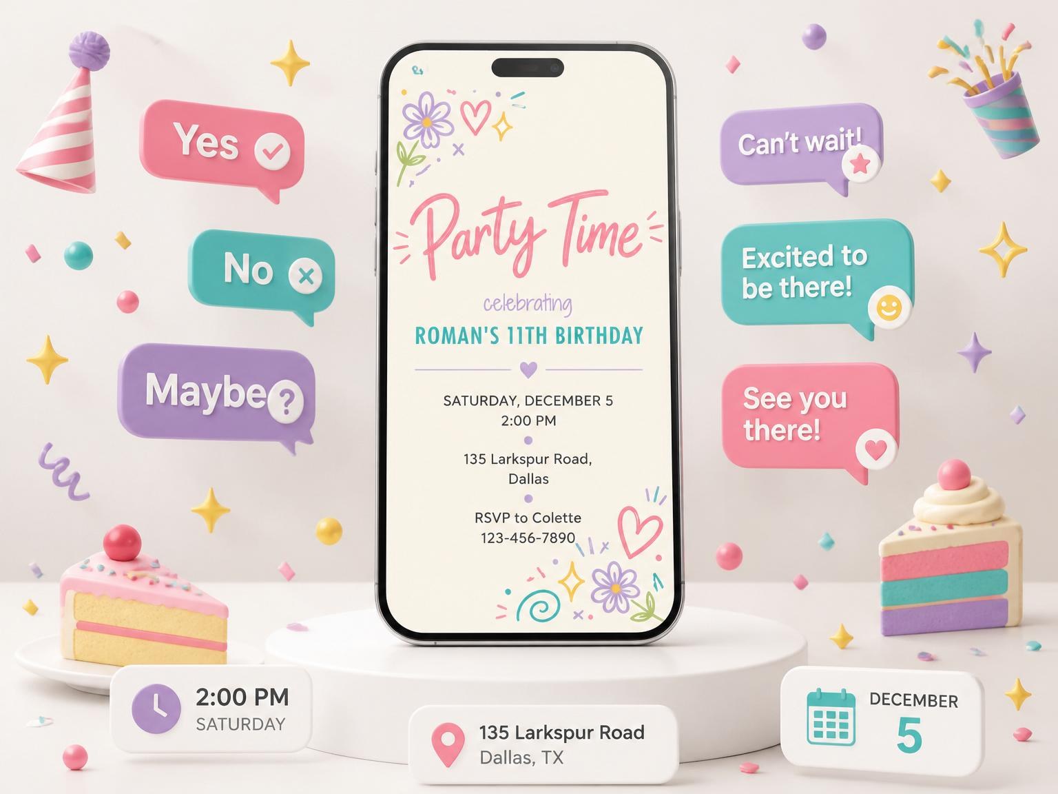 The Cream Doodle Pastel 11th Birthday Party invitation on a phone, with guest RSVPs arriving around it