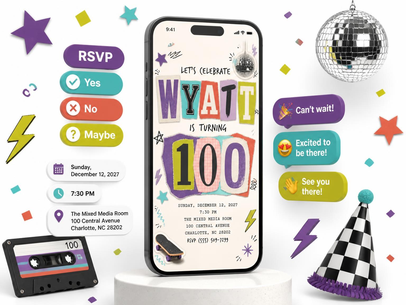 The Retro Paper Collage 100th Birthday Invitation invitation on a phone, with guest RSVPs arriving around it