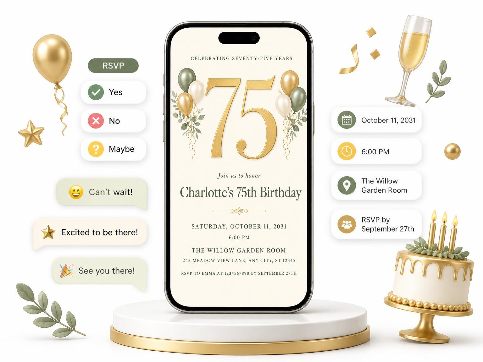 The Sage and Ivory 75th Birthday Invitation invitation on a phone, with guest RSVPs arriving around it