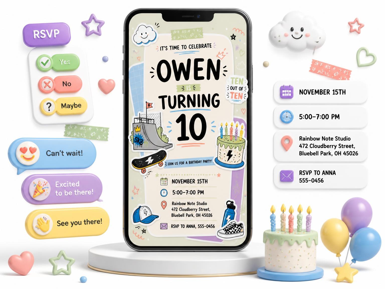 The Halfpipe Ramp Pastel 10th Birthday Invitation invitation on a phone, with guest RSVPs arriving around it