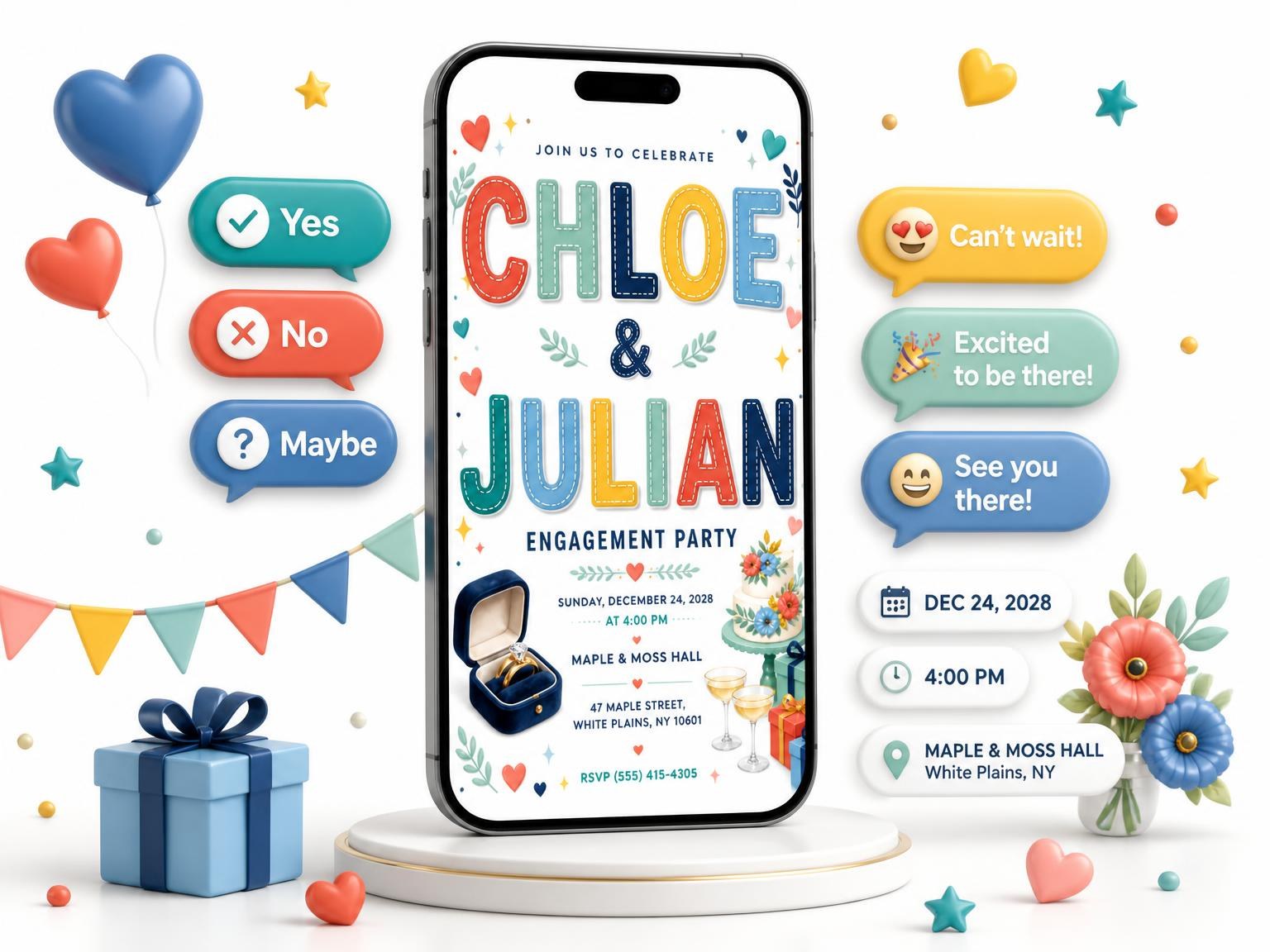 The Ring Box Engagement Party Invitation invitation on a phone, with guest RSVPs arriving around it