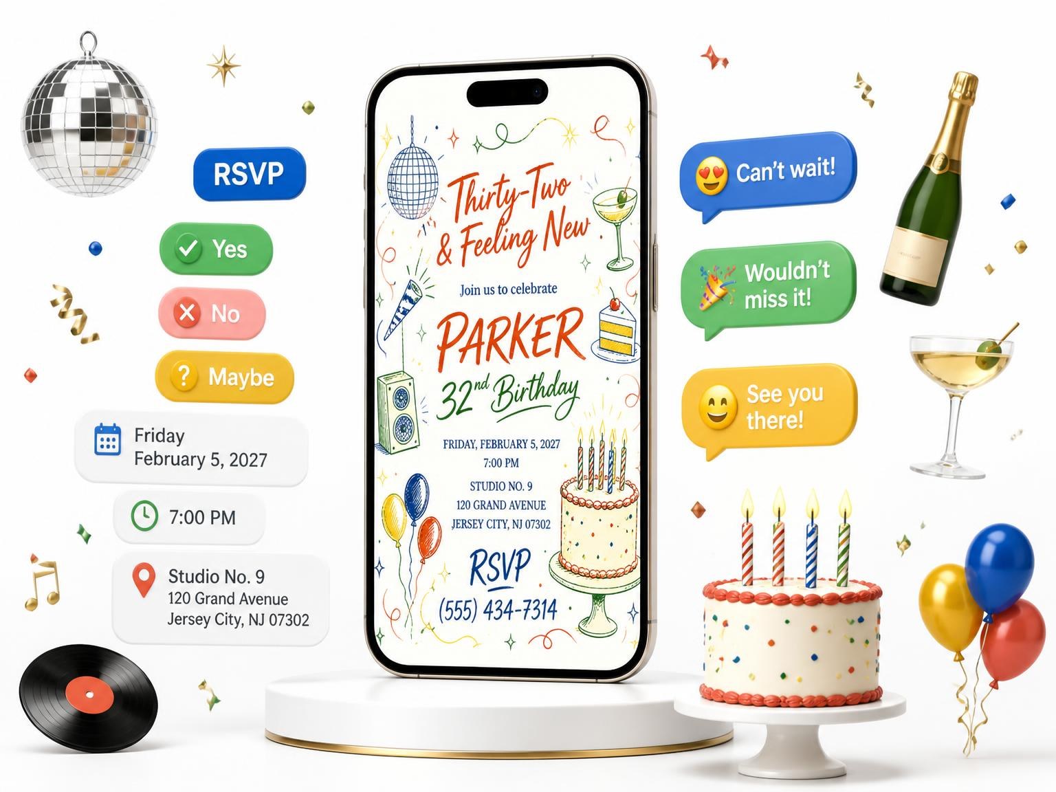 The Retro Doodle 32nd Birthday Invitation invitation on a phone, with guest RSVPs arriving around it
