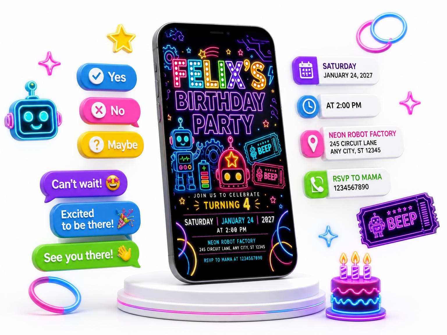 The Neon Robots 4th Birthday Invitation invitation on a phone, with guest RSVPs arriving around it