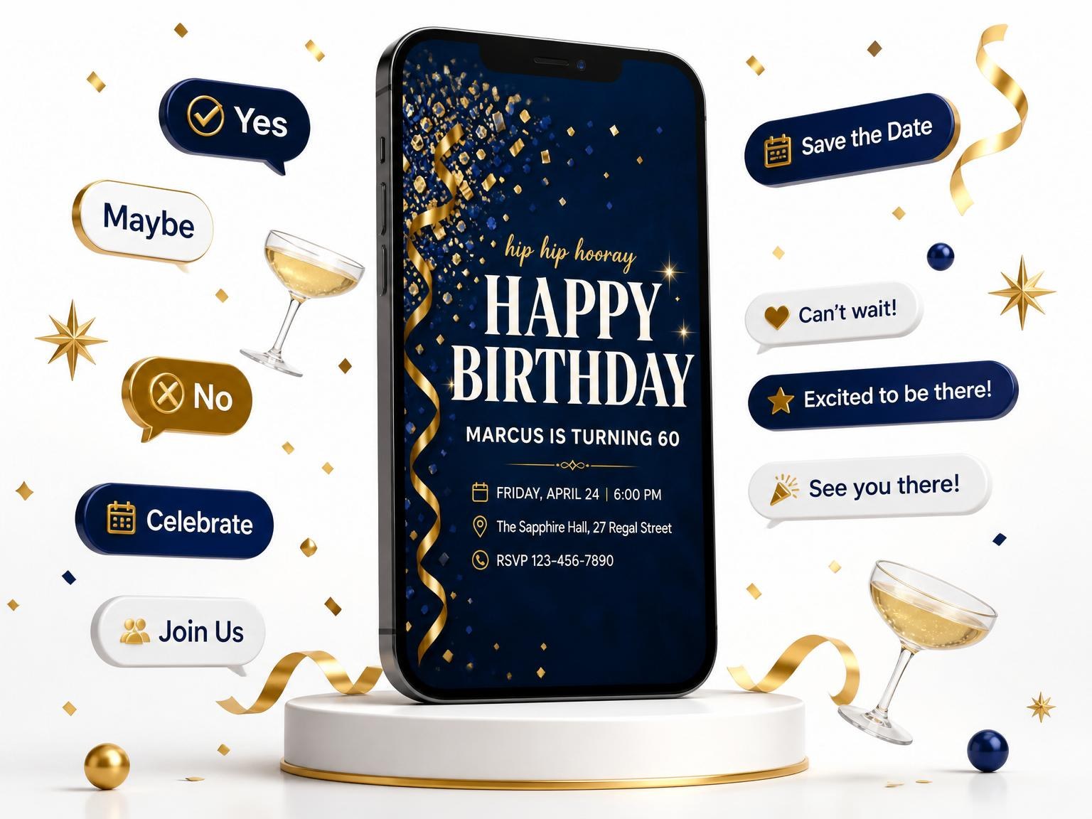 The Navy Gold Confetti 60th Birthday invitation on a phone, with guest RSVPs arriving around it