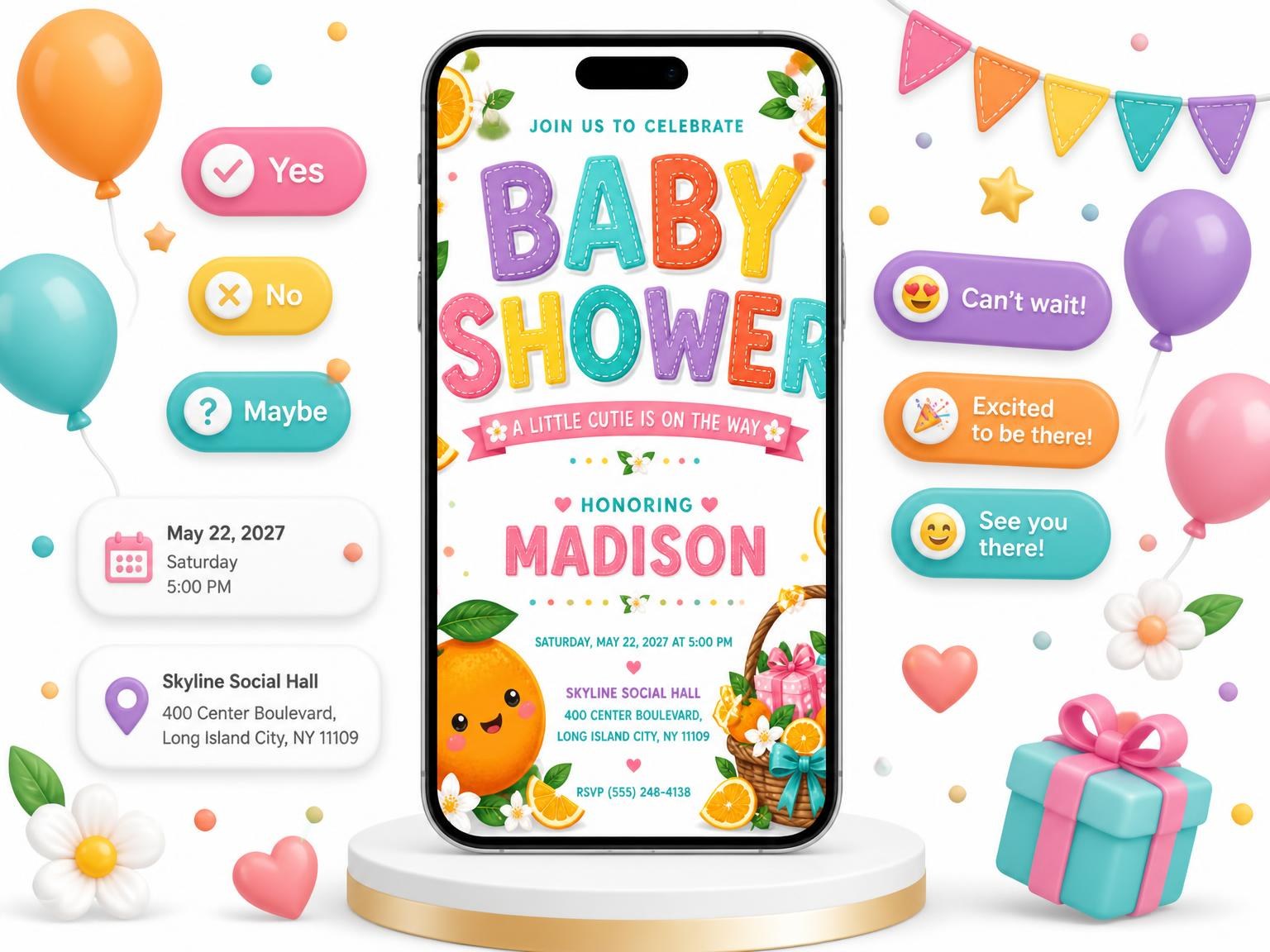 The Gift Basket Baby Shower Invitation invitation on a phone, with guest RSVPs arriving around it