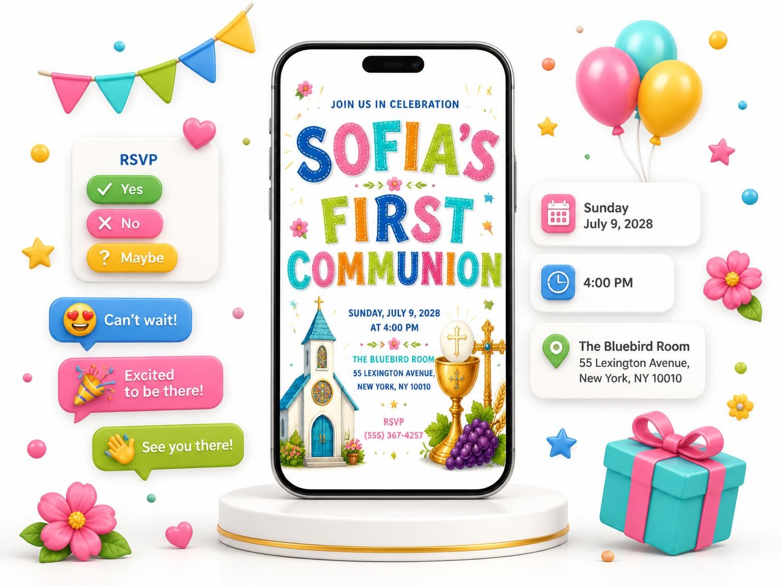 The Church First Communion Invitation invitation on a phone, with guest RSVPs arriving around it