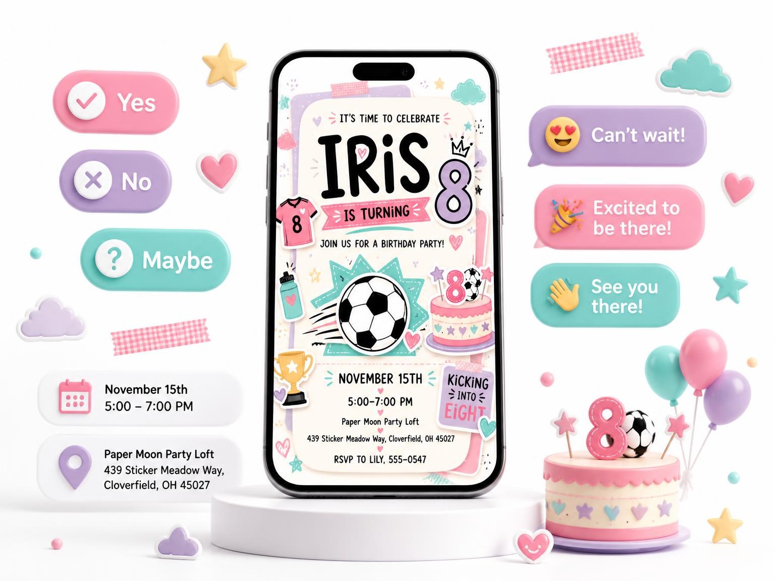 The Soccer Ball Pastel 8th Birthday Invitation invitation on a phone, with guest RSVPs arriving around it