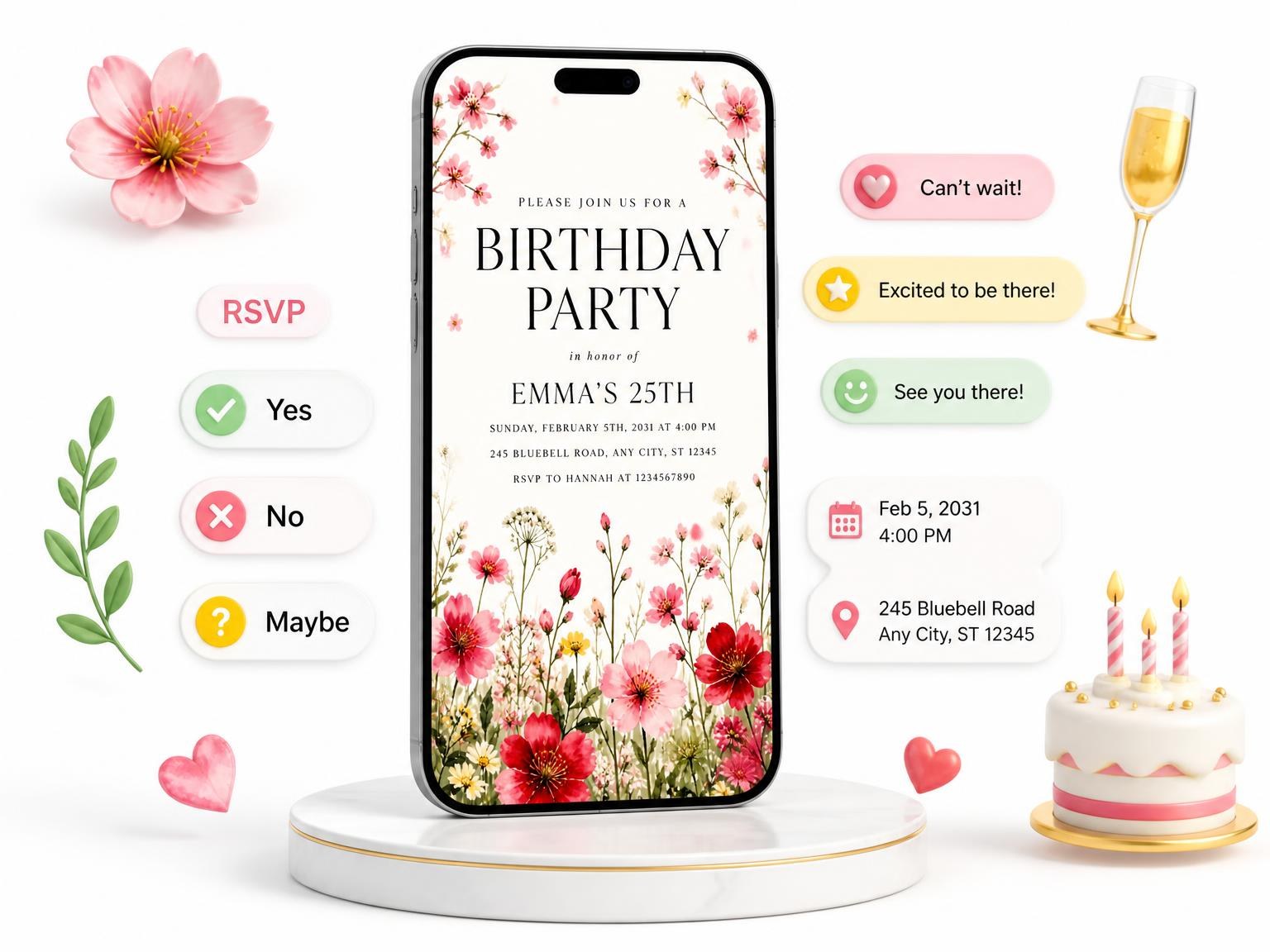 The Scarlet Wildflower Meadow 25th Birthday Invitation invitation on a phone, with guest RSVPs arriving around it