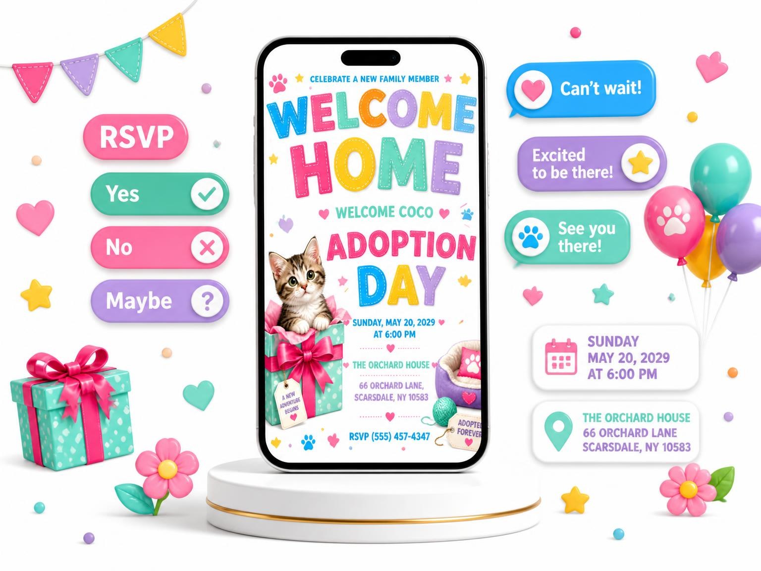 The Kitten Pet Adoption Party Invitation invitation on a phone, with guest RSVPs arriving around it