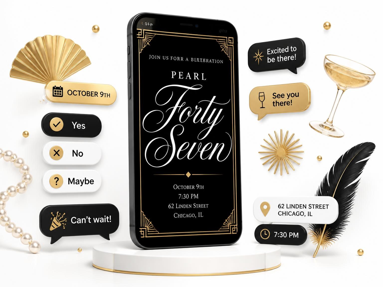 The Art Deco 47th Birthday Invitation invitation on a phone, with guest RSVPs arriving around it