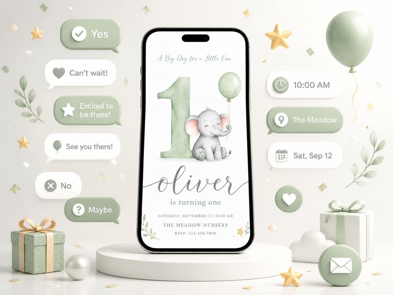 The Sage Watercolor Elephant 1st Birthday invitation on a phone, with guest RSVPs arriving around it