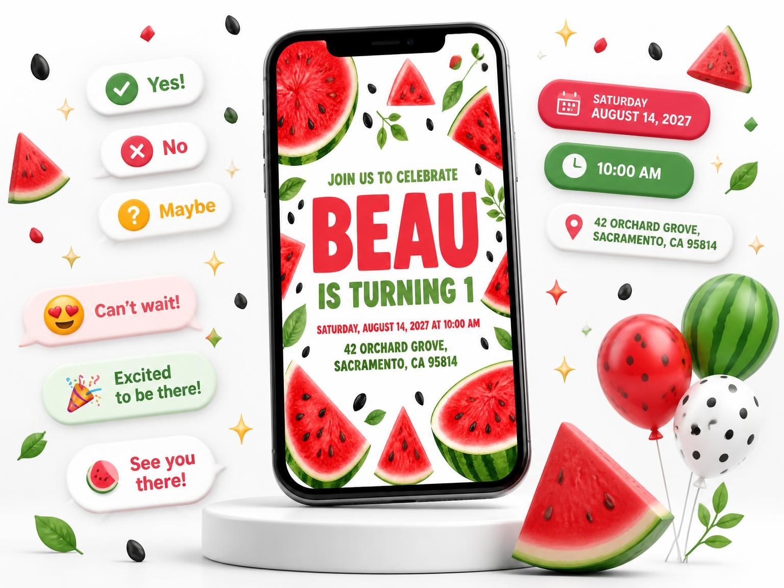 The Watercolor Watermelon Slice 1st Birthday invitation on a phone, with guest RSVPs arriving around it