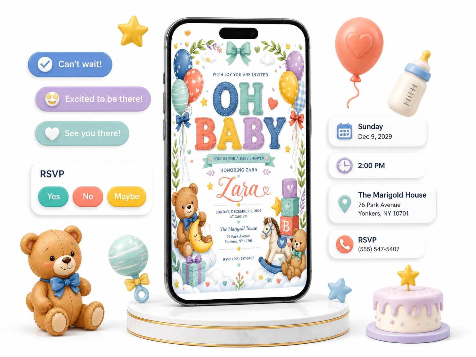 The Teddy Bears Baby Shower Invitation invitation on a phone, with guest RSVPs arriving around it