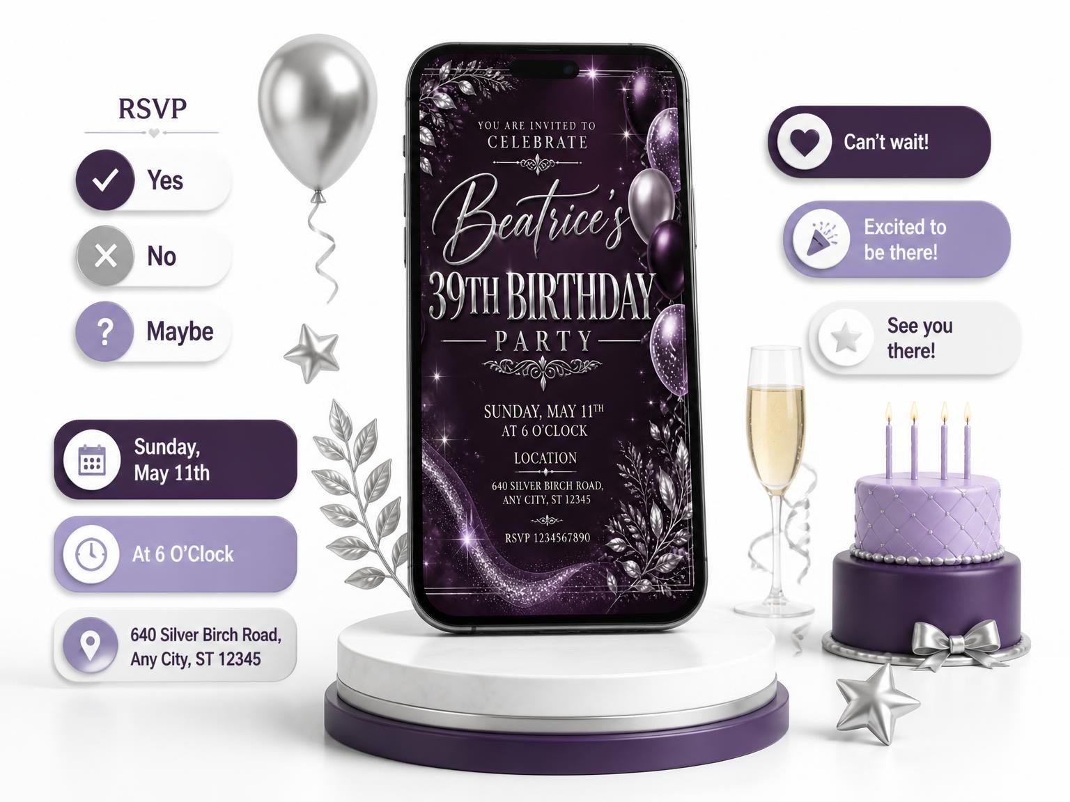 The Plum and Silver 39th Birthday Invitation invitation on a phone, with guest RSVPs arriving around it
