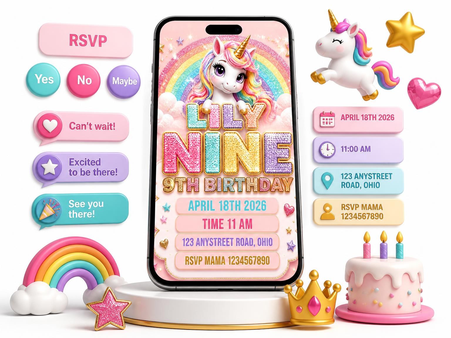 The Glitter Unicorn 9th Birthday Invitation invitation on a phone, with guest RSVPs arriving around it