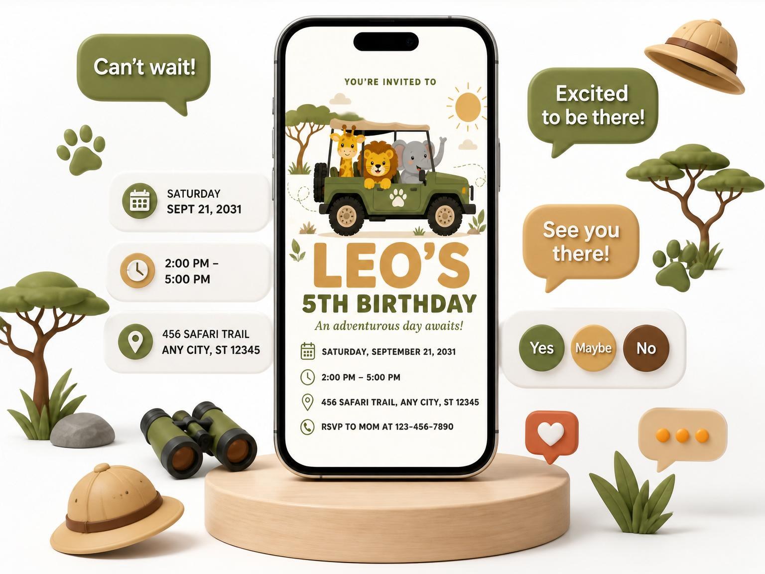 The Olive Jeep Jungle Animal 5th Birthday invitation on a phone, with guest RSVPs arriving around it