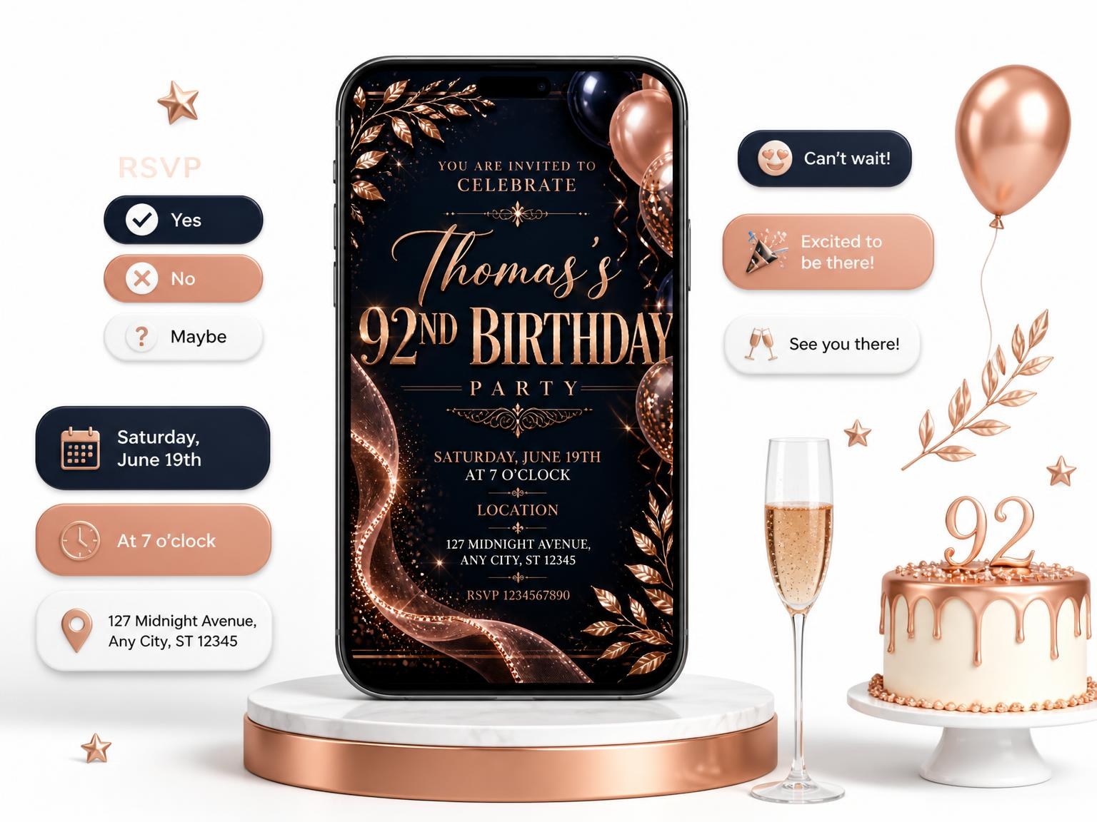 The Navy and Rose Gold 92nd Birthday Invitation invitation on a phone, with guest RSVPs arriving around it
