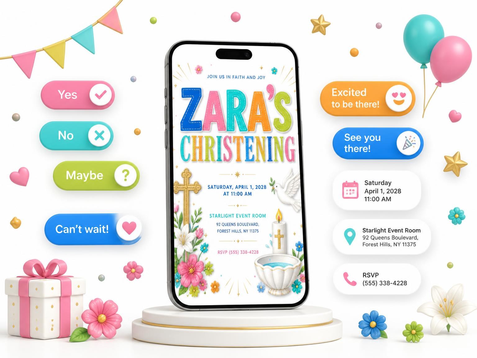 The Gold Christening Invitation invitation on a phone, with guest RSVPs arriving around it
