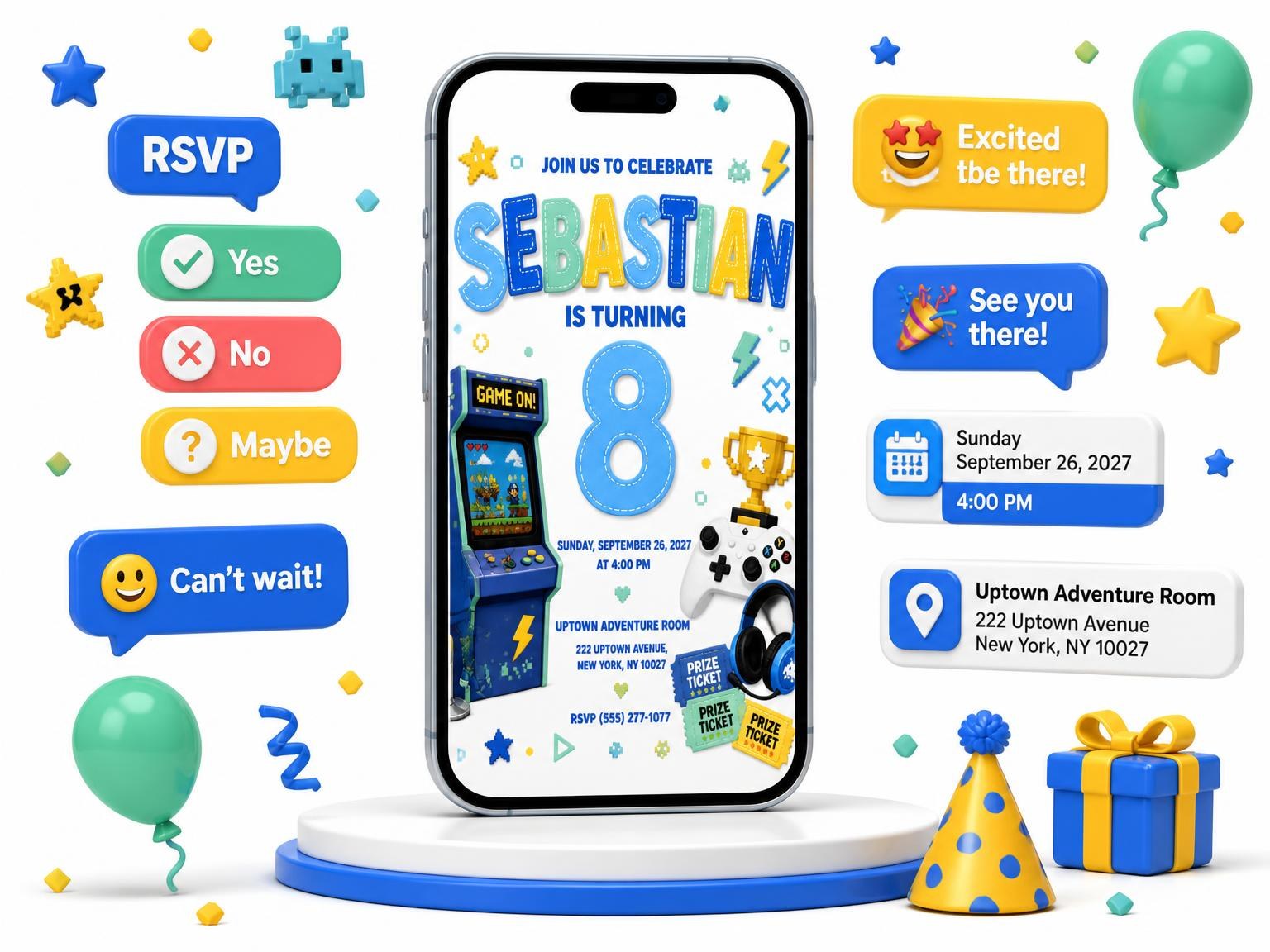 The Cabinet Gamer Stitched 8th Birthday Invitation invitation on a phone, with guest RSVPs arriving around it