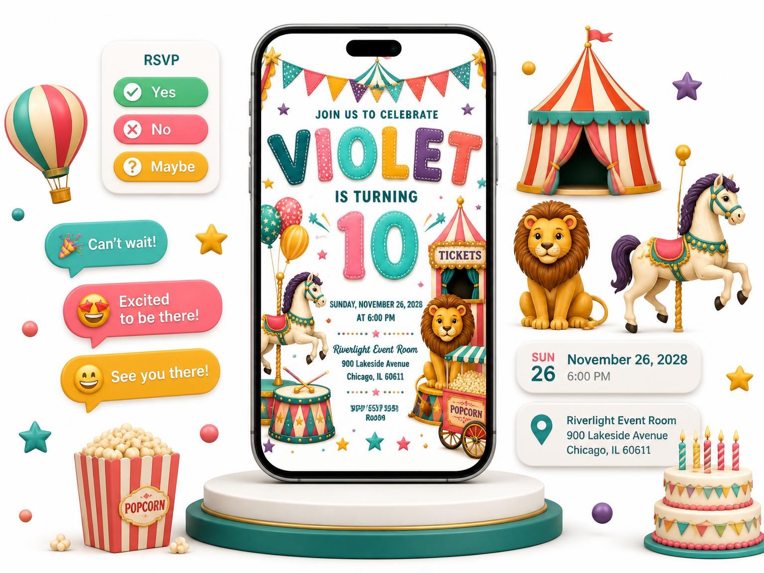 The Stitched Circus 10th Birthday Invitation invitation on a phone, with guest RSVPs arriving around it