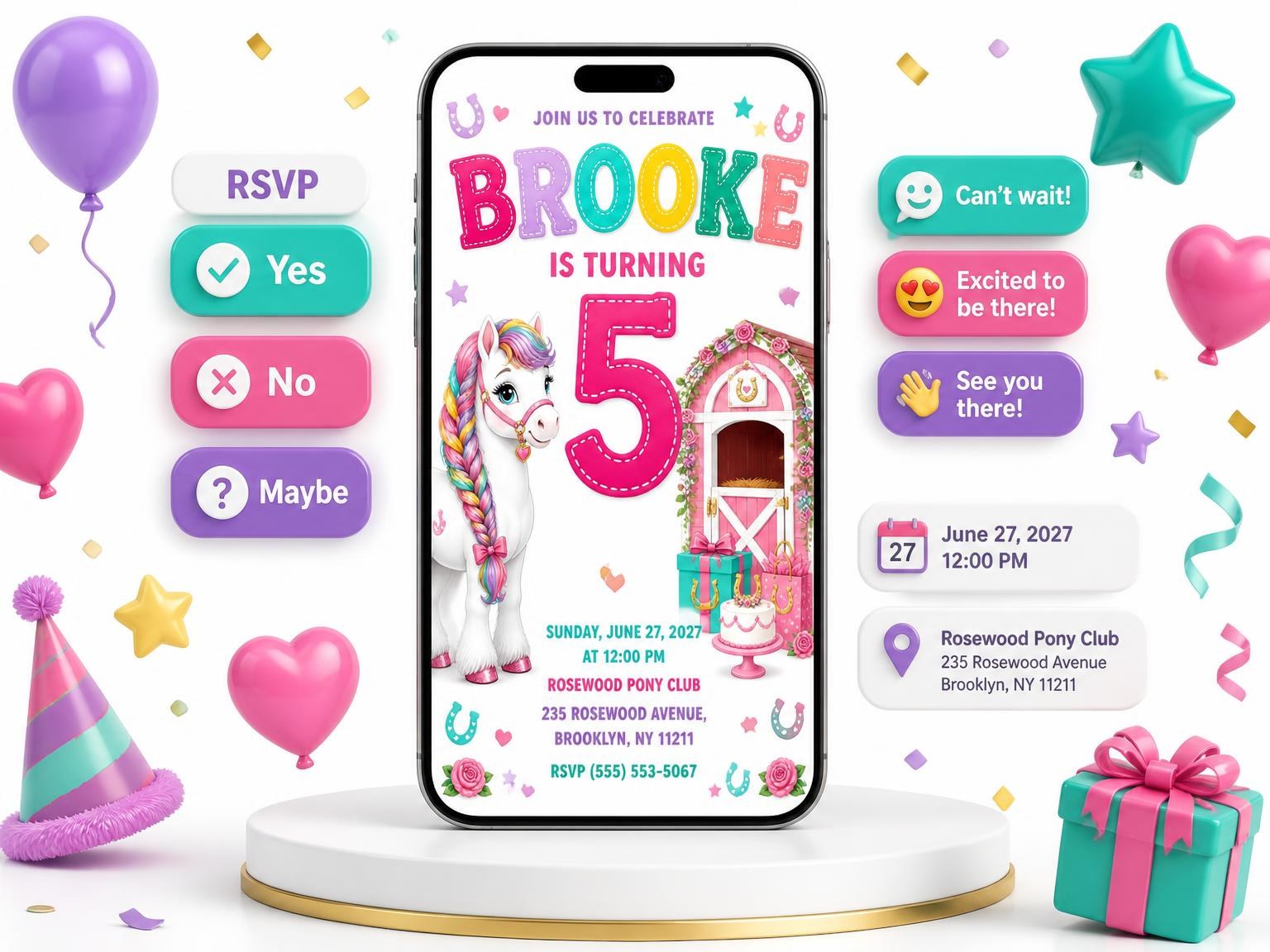 The Stable Setup Stitched 5th Birthday Invitation invitation on a phone, with guest RSVPs arriving around it
