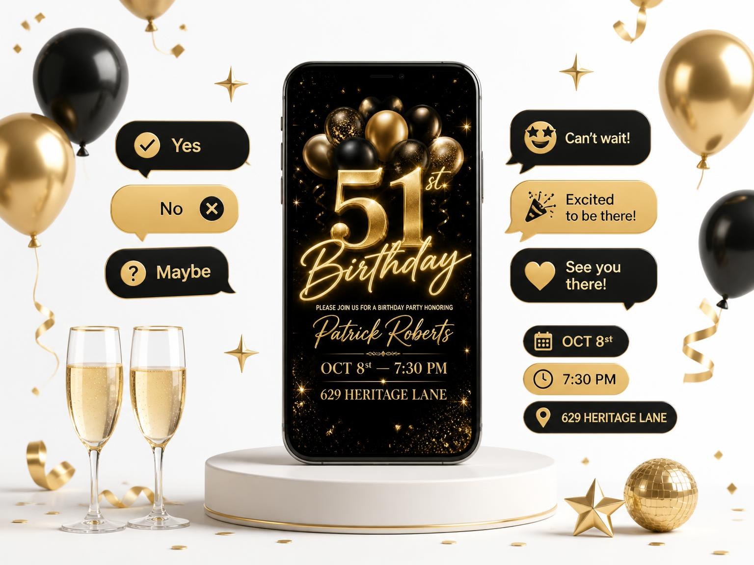 The Black and Gold Balloon 51st Birthday invitation on a phone, with guest RSVPs arriving around it
