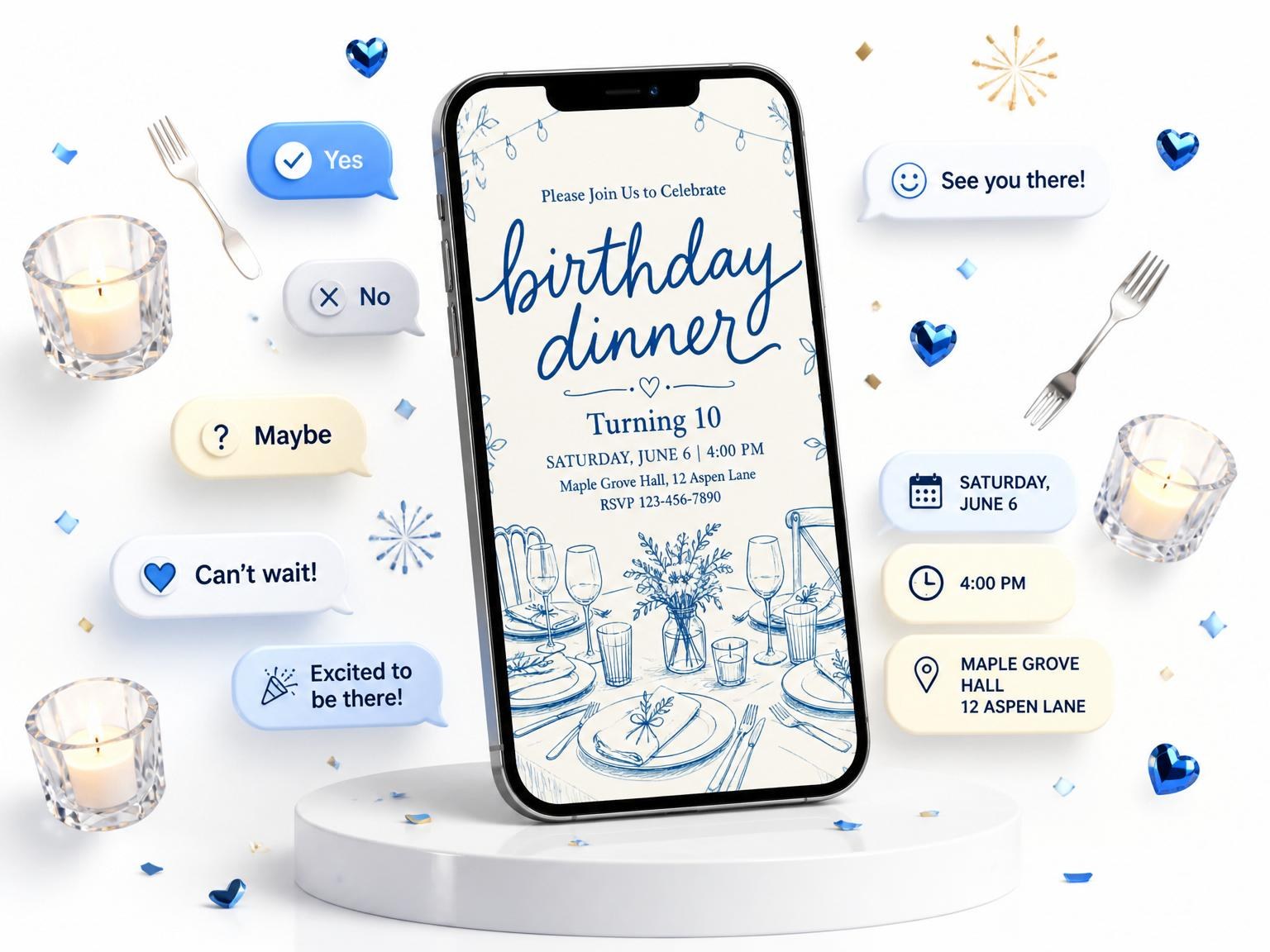 The Blue Ink Table Setting 10th Birthday Dinner invitation on a phone, with guest RSVPs arriving around it