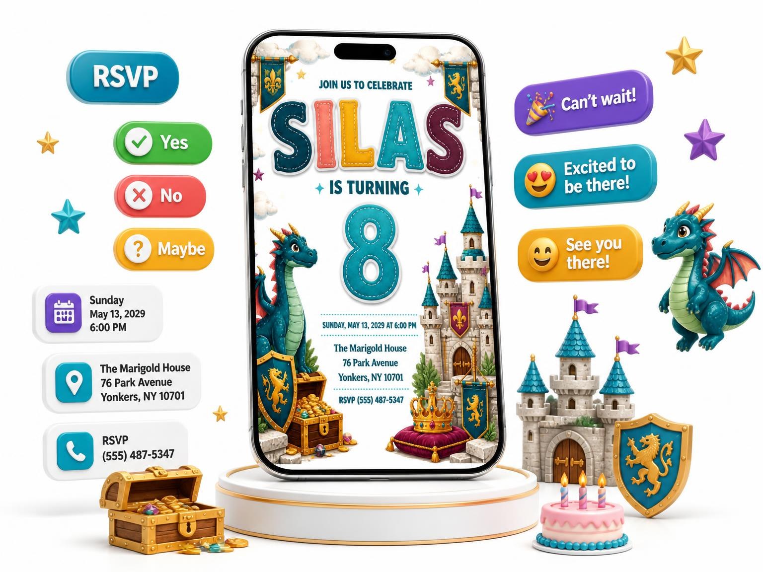 The Stitched Dragon Castle 8th Birthday Invitation invitation on a phone, with guest RSVPs arriving around it