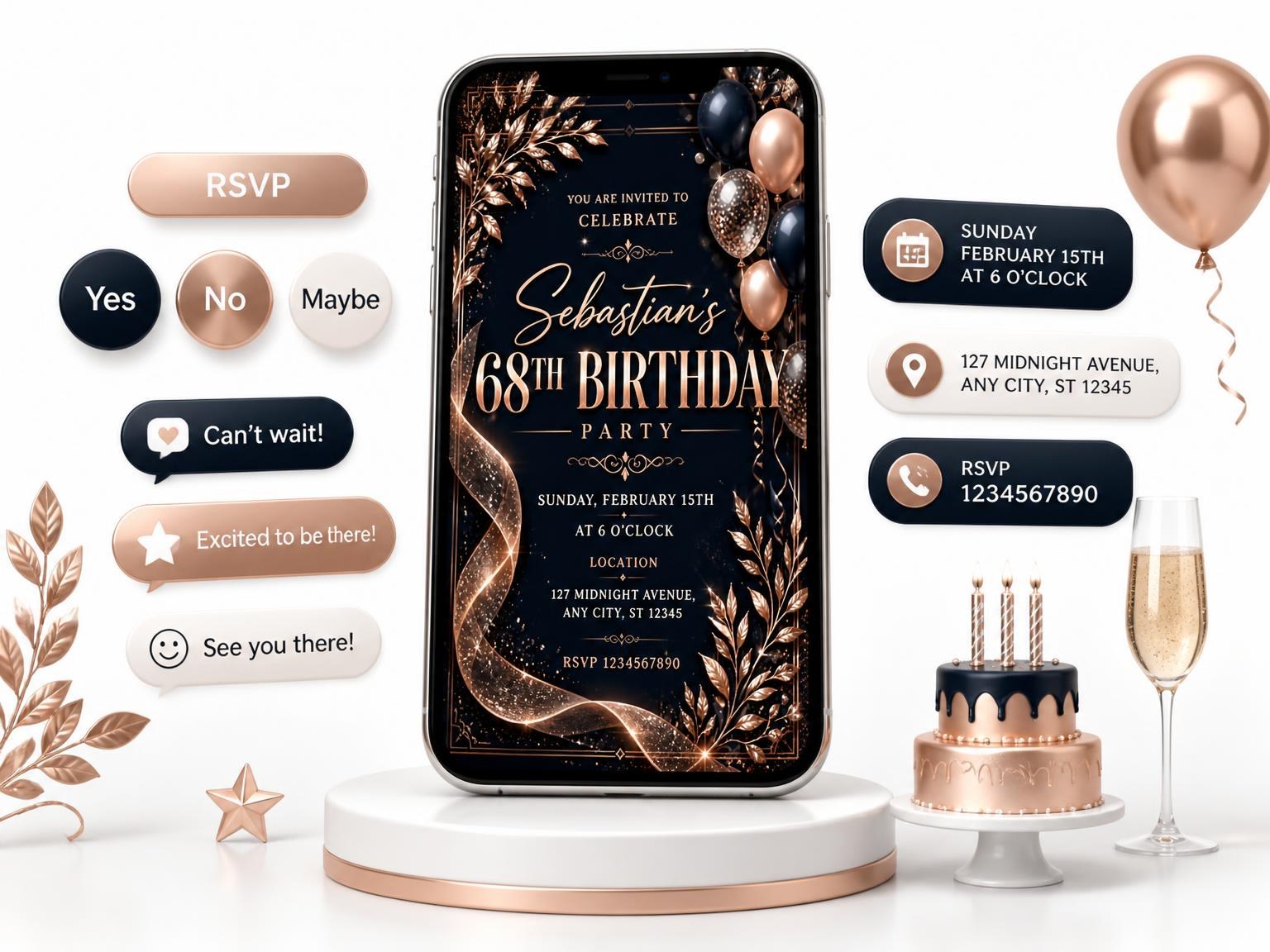 The Navy and Rose Gold 68th Birthday Invitation invitation on a phone, with guest RSVPs arriving around it