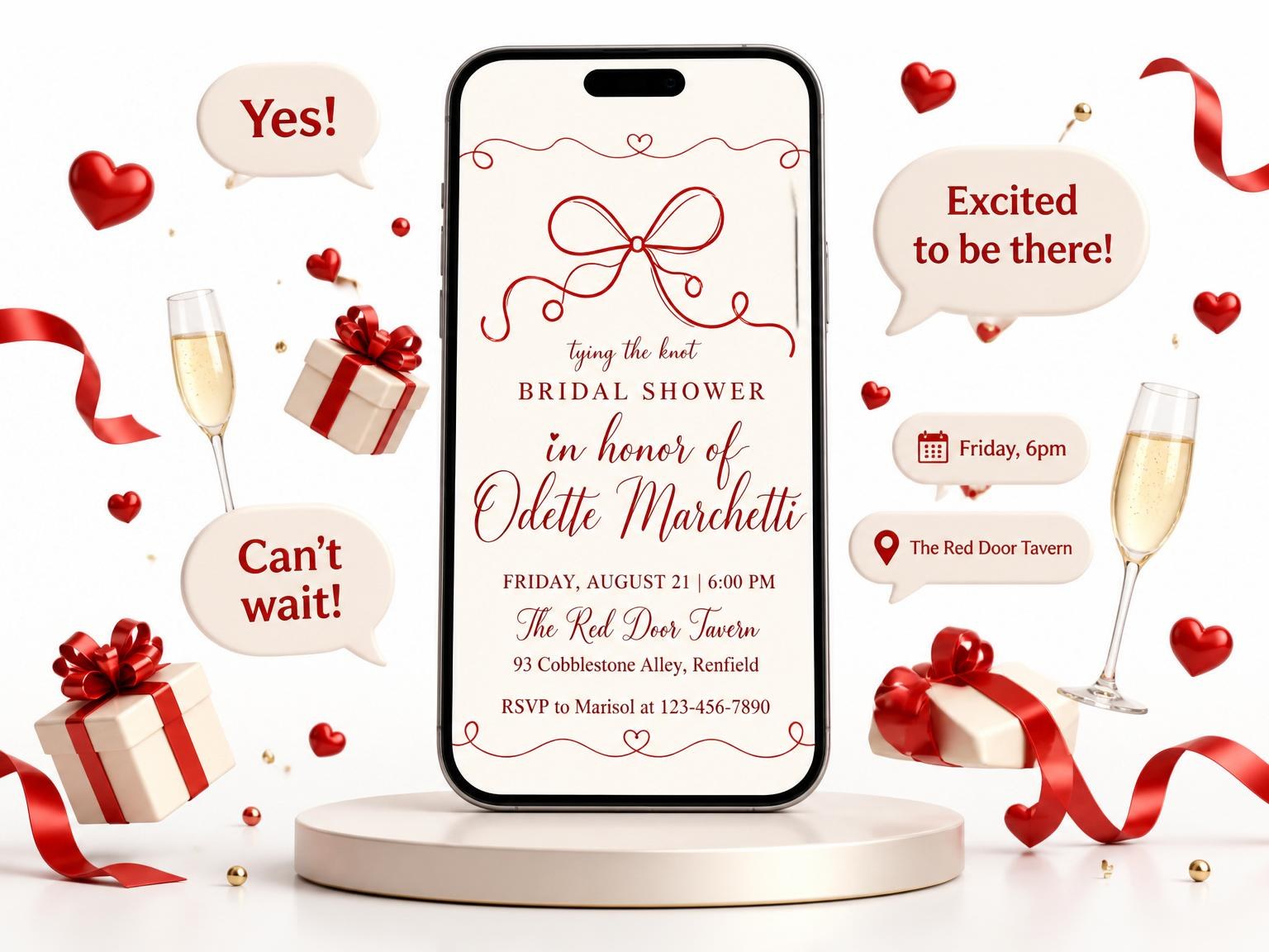 The Red Ribbon Illustrated Bridal Shower invitation on a phone, with guest RSVPs arriving around it
