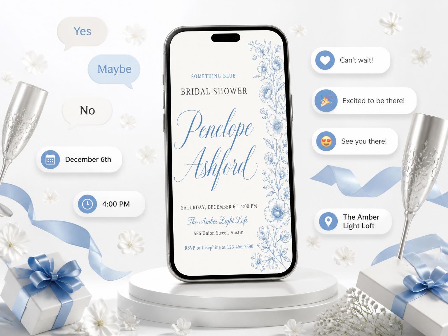 The Blue Botanical Line-Art Bridal Shower invitation on a phone, with guest RSVPs arriving around it