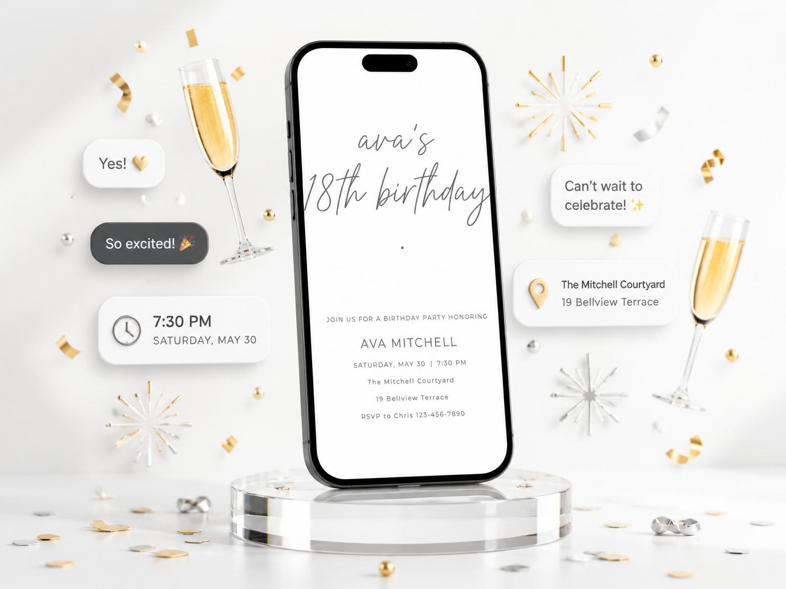 The Minimalist Black and White Birthday invitation on a phone, with guest RSVPs arriving around it