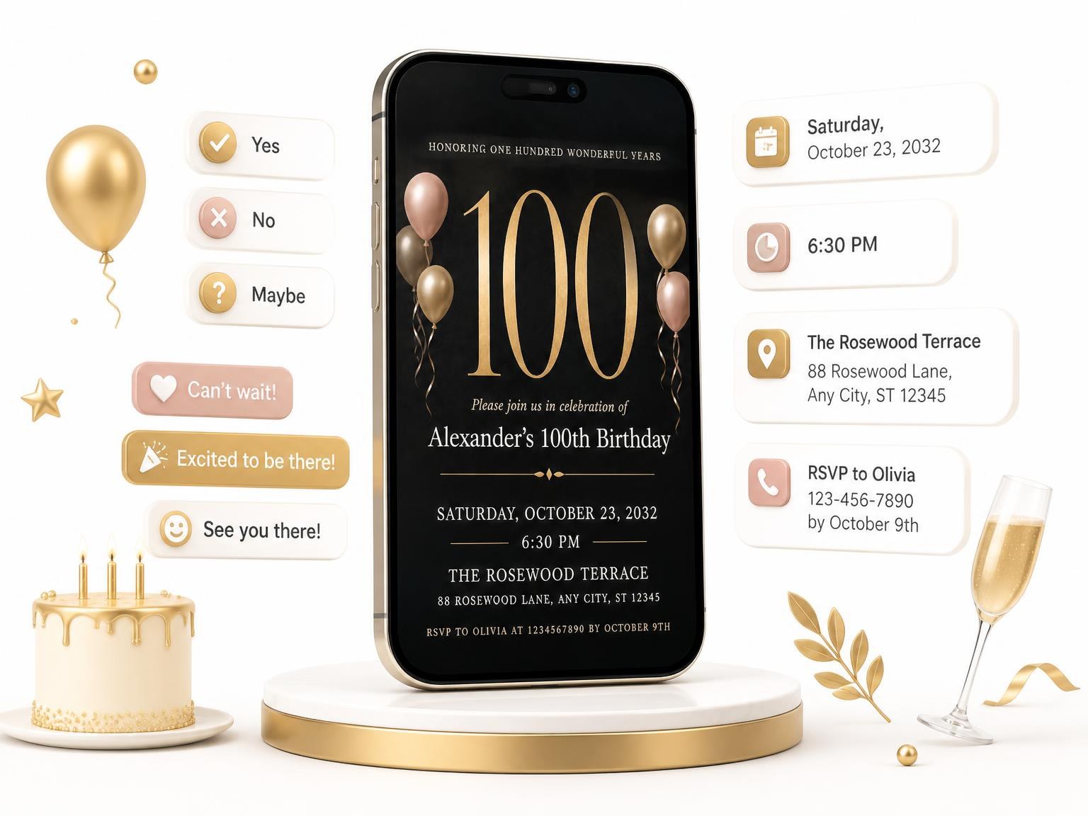 The Charcoal and Blush 100th Birthday Invitation invitation on a phone, with guest RSVPs arriving around it