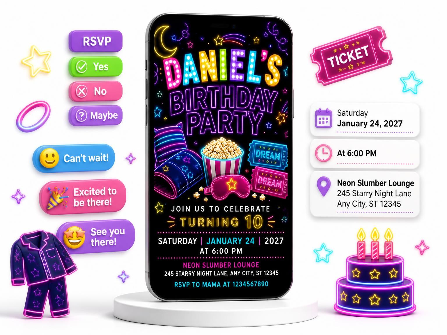 The Neon Pajama 10th Birthday Invitation invitation on a phone, with guest RSVPs arriving around it