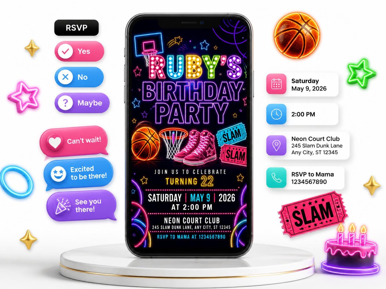 The Neon Basketball 22nd Birthday Invitation invitation on a phone, with guest RSVPs arriving around it