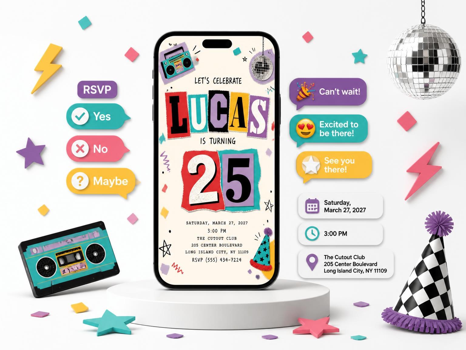 The Retro Paper Collage 25th Birthday Invitation invitation on a phone, with guest RSVPs arriving around it