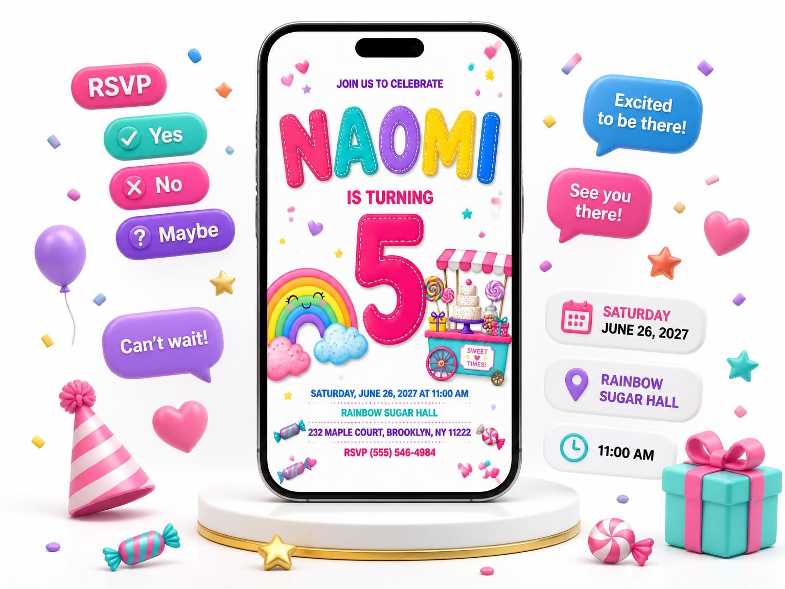 The Rainbow Stitched 5th Birthday Invitation invitation on a phone, with guest RSVPs arriving around it