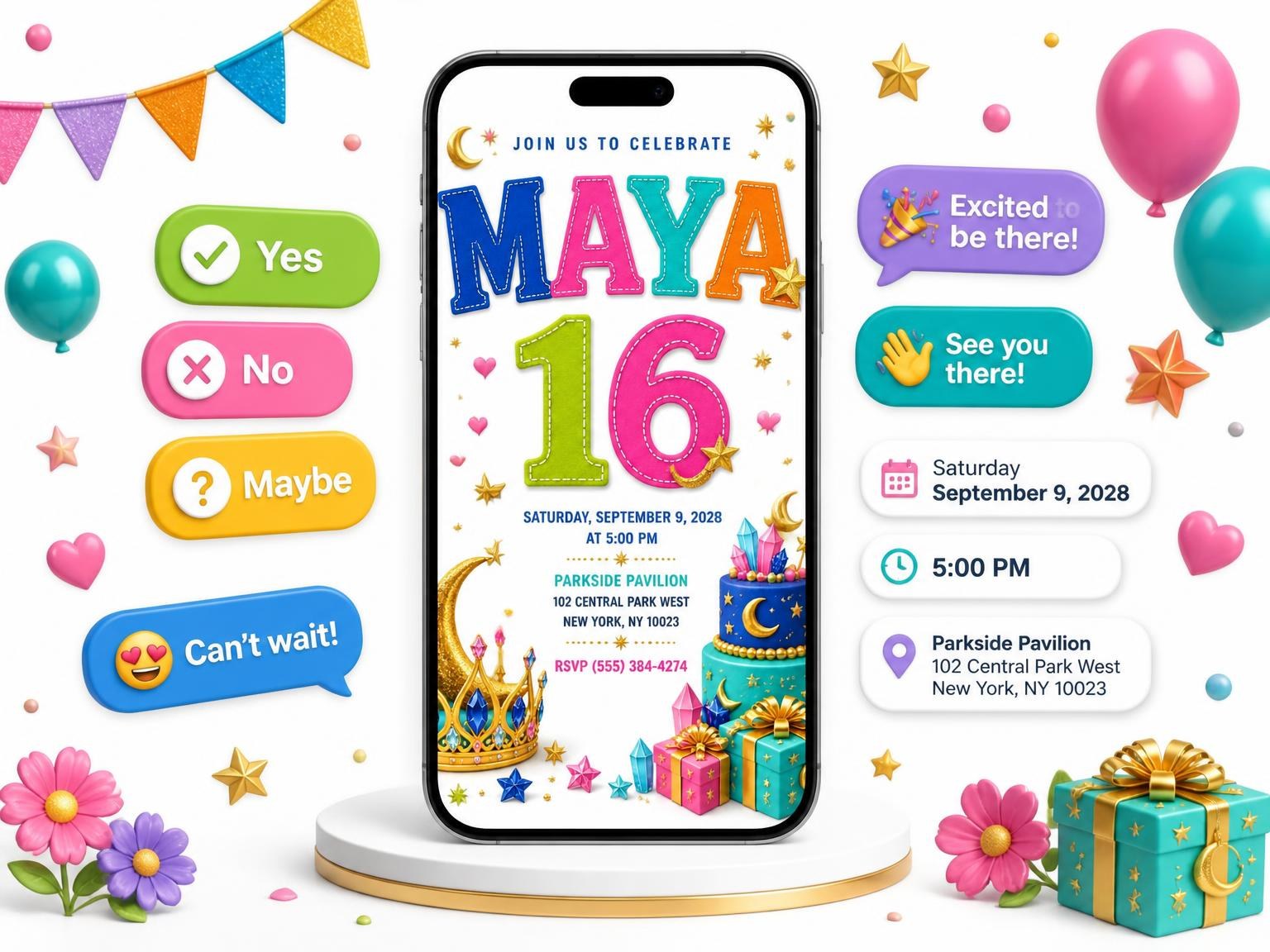The Celestial Crown Sweet Sixteen Invitation invitation on a phone, with guest RSVPs arriving around it