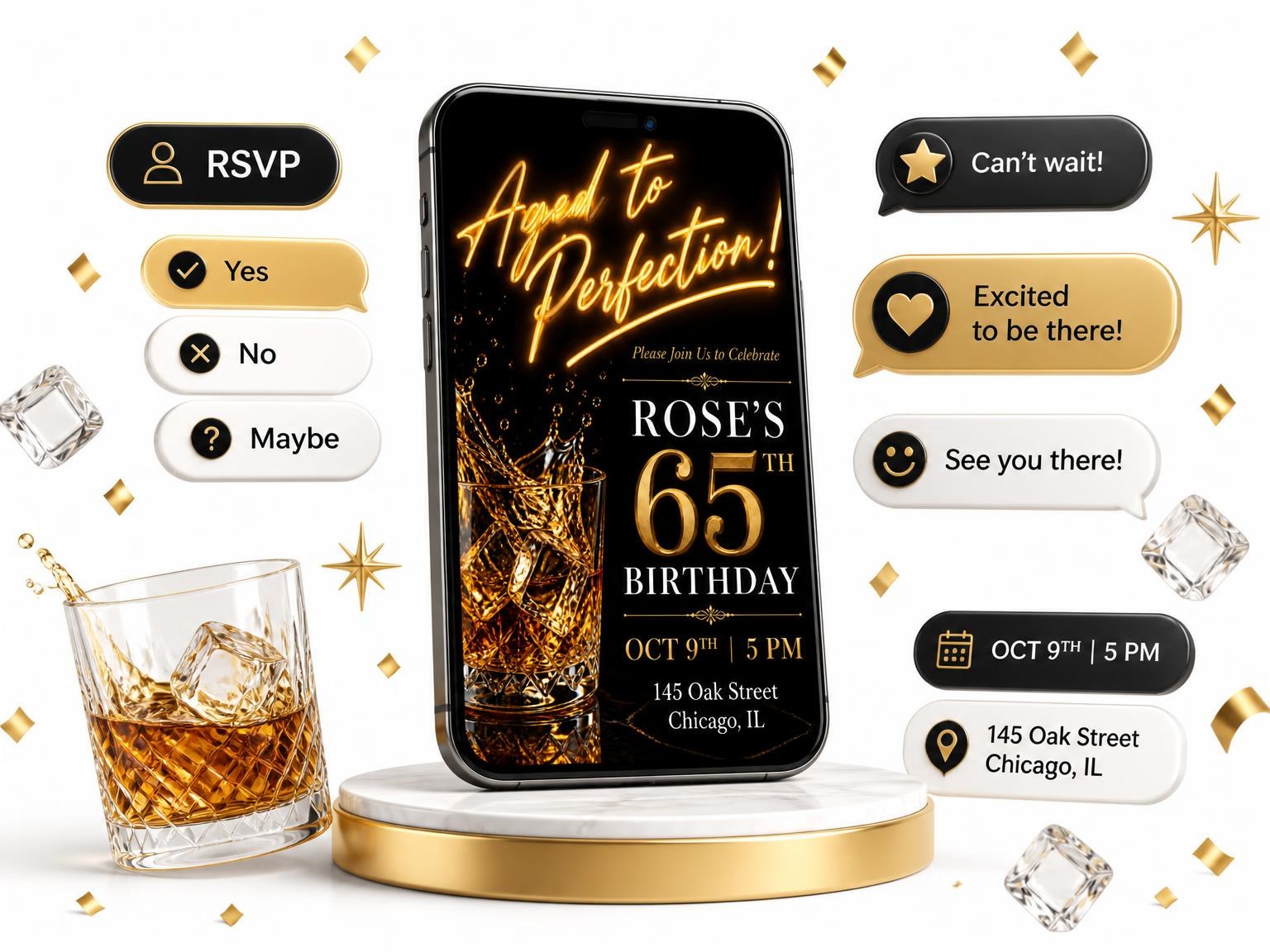 The Whiskey Tumbler 65th Birthday Invitation invitation on a phone, with guest RSVPs arriving around it