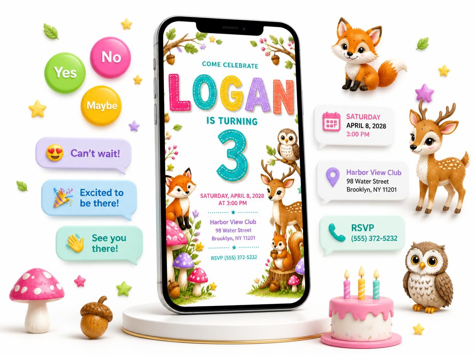 The Stitched Woodland 3rd Birthday Invitation invitation on a phone, with guest RSVPs arriving around it