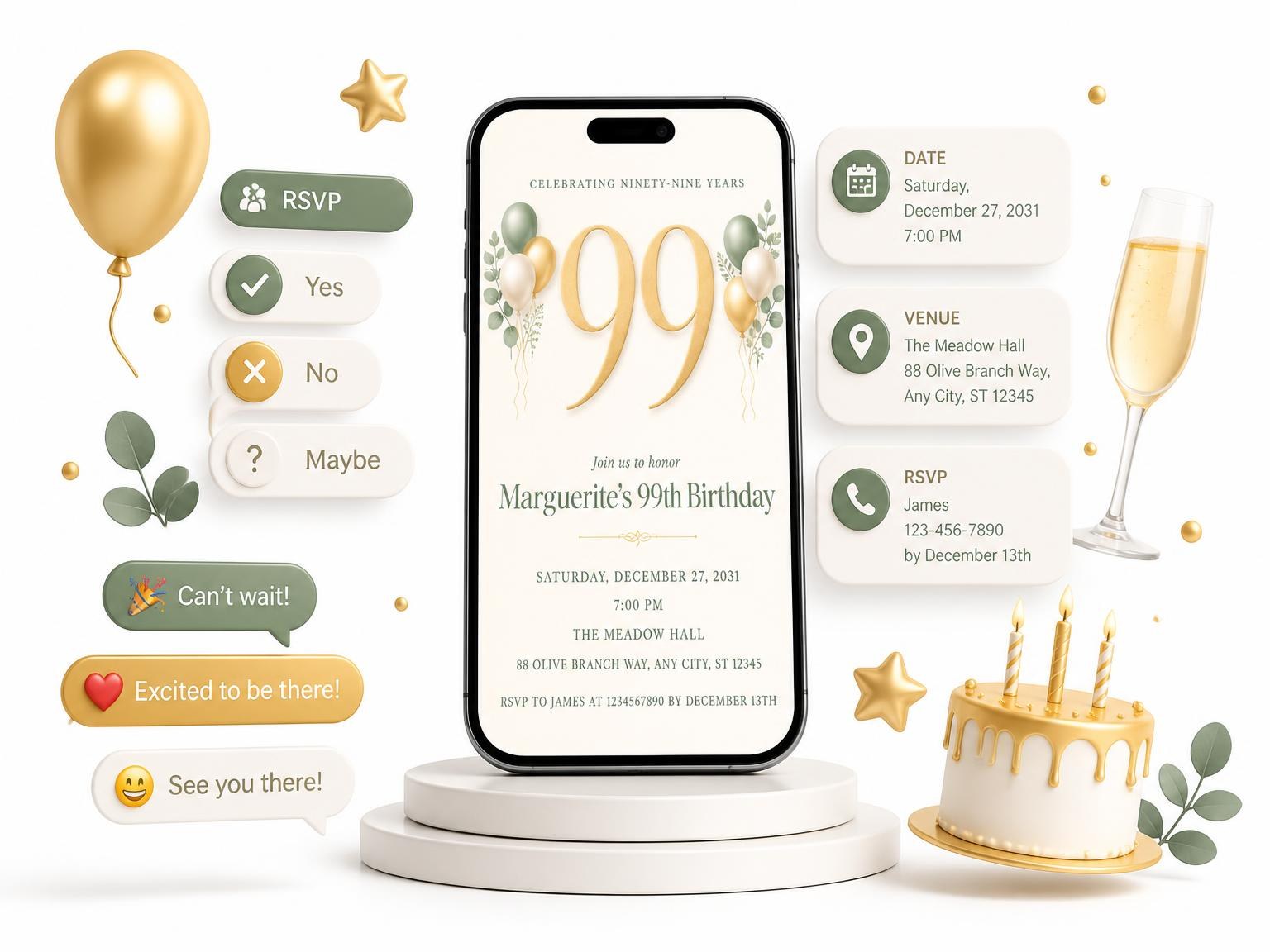 The Sage and Ivory 99th Birthday Invitation invitation on a phone, with guest RSVPs arriving around it