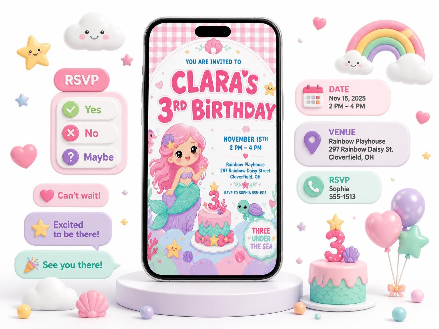 The Mermaid Kawaii Pastel 3rd Birthday Invitation invitation on a phone, with guest RSVPs arriving around it