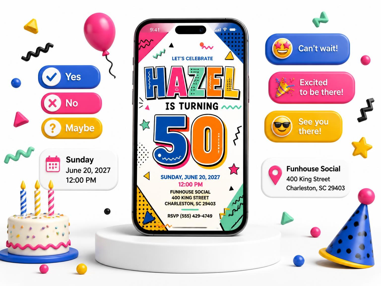 The Memphis Pop 50th Birthday Invitation invitation on a phone, with guest RSVPs arriving around it
