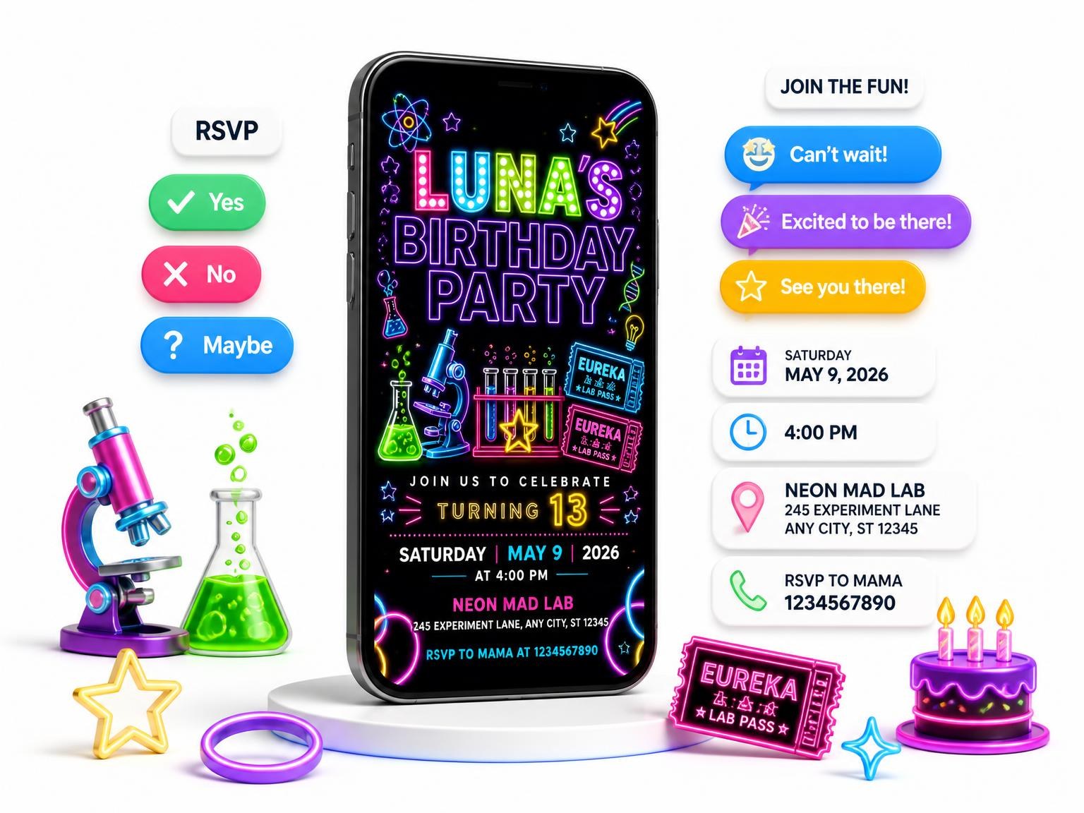 The Neon Science Lab 13th Birthday Invitation invitation on a phone, with guest RSVPs arriving around it