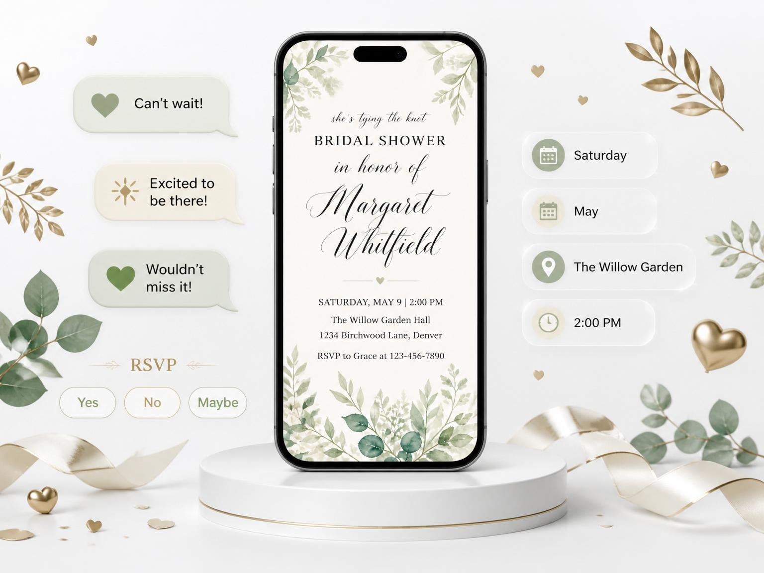 The Watercolor Botanical Bride Bridal Shower invitation on a phone, with guest RSVPs arriving around it