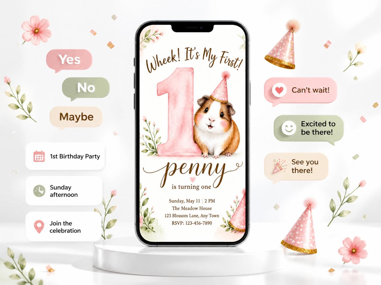 The Watercolor Guinea Pig 1st Birthday invitation on a phone, with guest RSVPs arriving around it