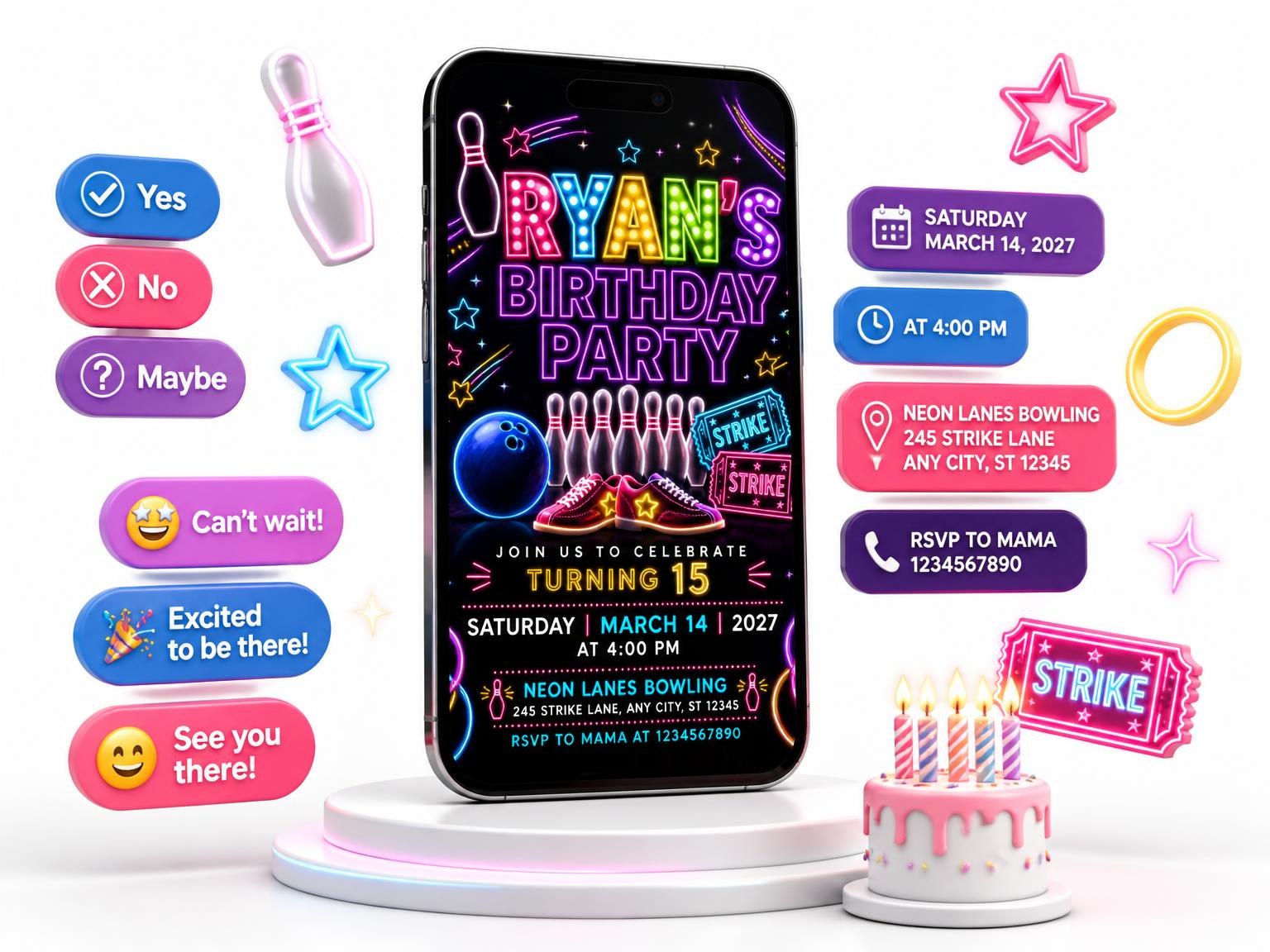 The Neon Bowling 15th Birthday Invitation invitation on a phone, with guest RSVPs arriving around it