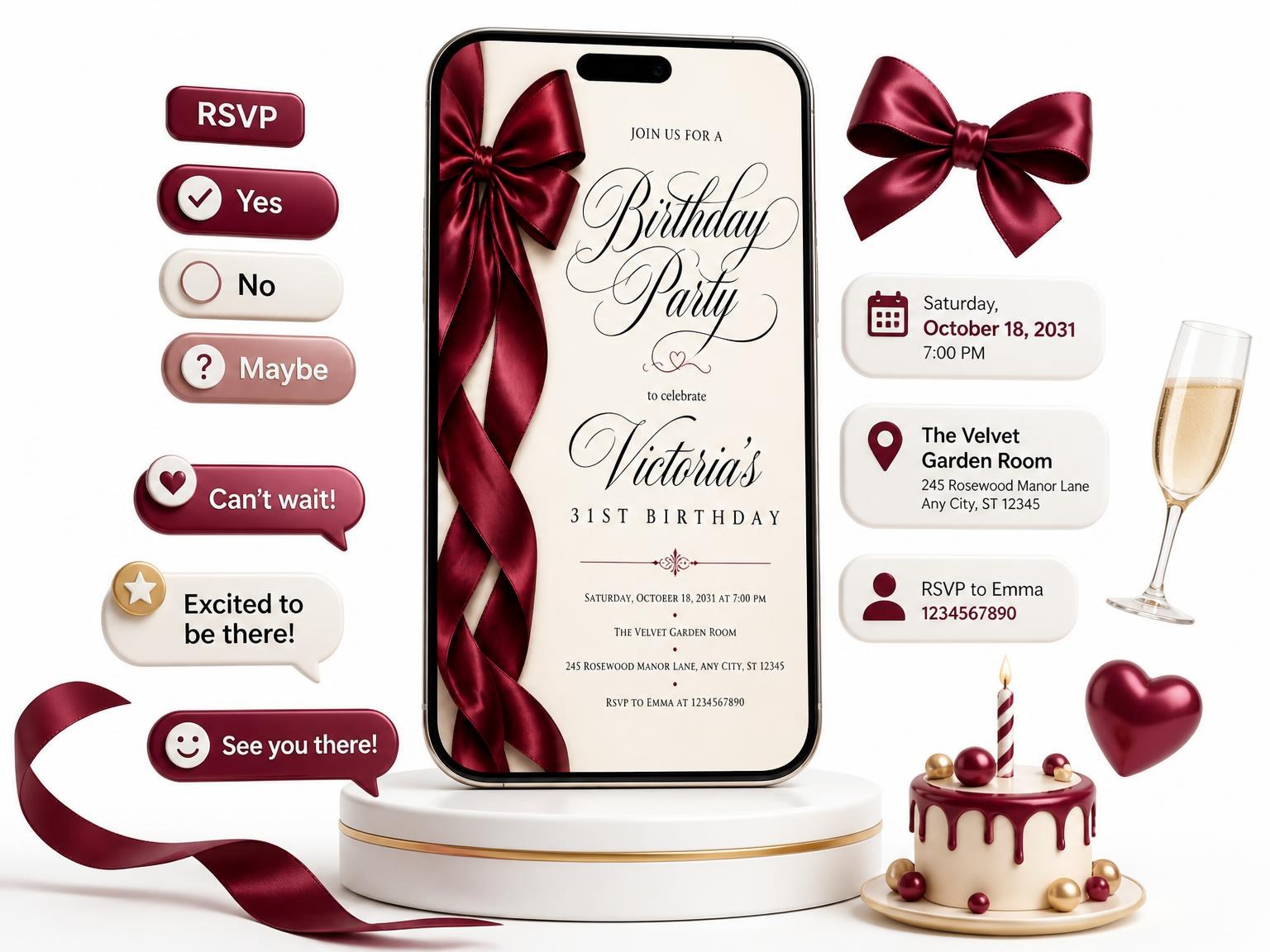 The Burgundy Satin Bow 31st Birthday Invitation invitation on a phone, with guest RSVPs arriving around it